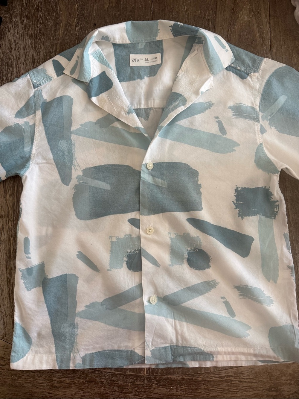 Zara Boys White & Light Blue Brushstroke Short Sleeve Button-Down Shirt